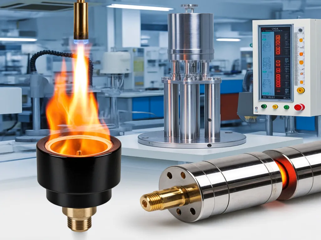 Ceramic ignitor components displayed with manufacturing machine