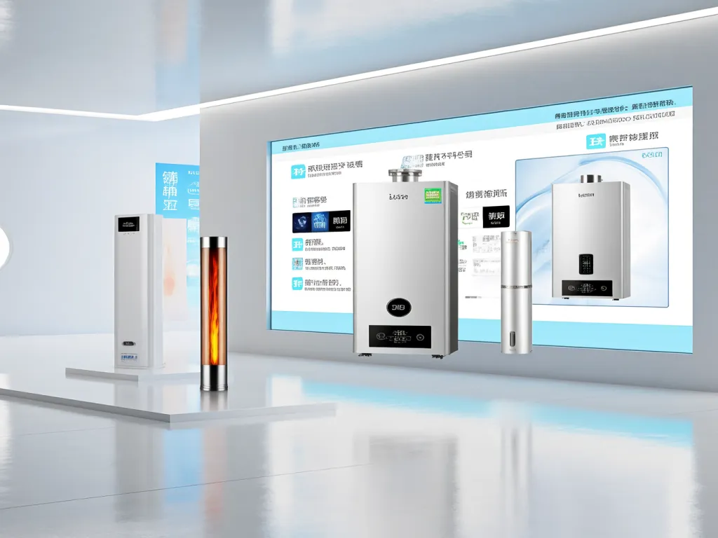 Display of flame rod water heaters in a modern showroom