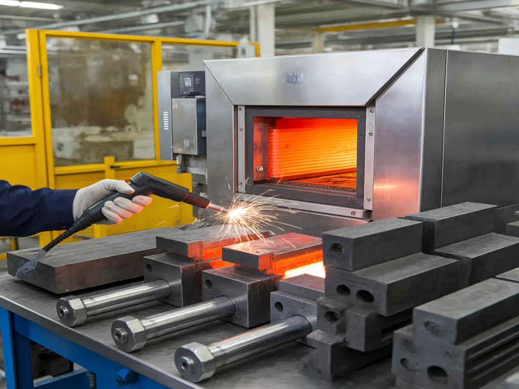 A hand using an igniter on a furnace in a factory setting.