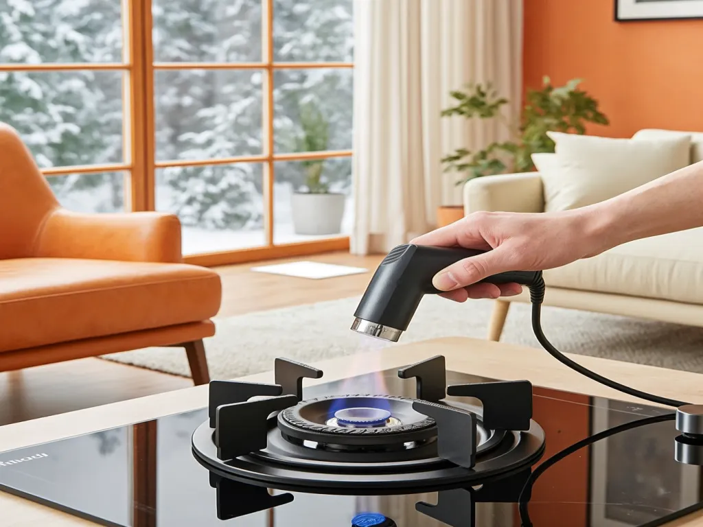 A hand using a gas furnace igniter on a stove