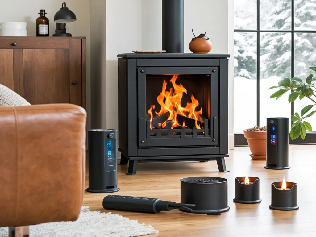 Gas furnace igniters in a cozy home setting with a fireplace.