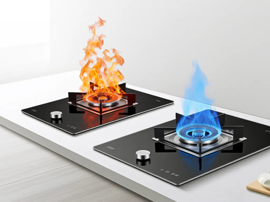 Gas stove burners igniting with blue and orange flames