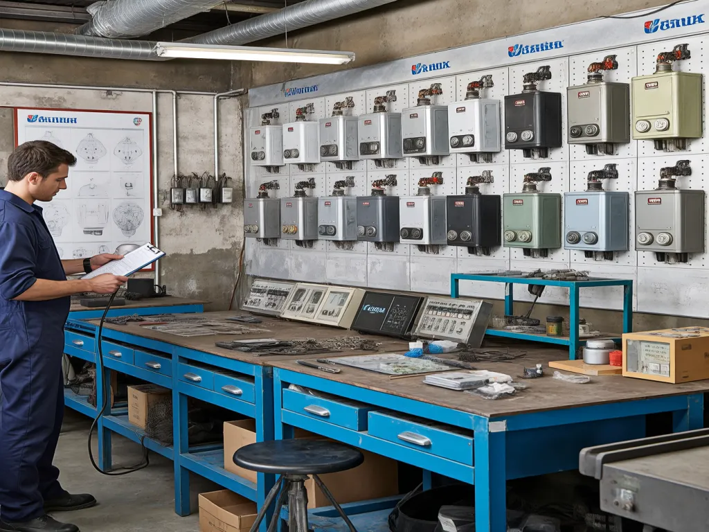 Worker inspecting gas furnace igniters in a factory workshop