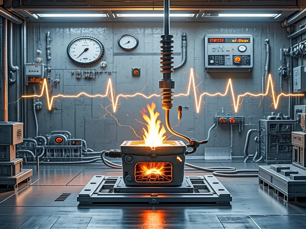 Industrial furnace ignitor with voltage test visualized by an ECG-like line.