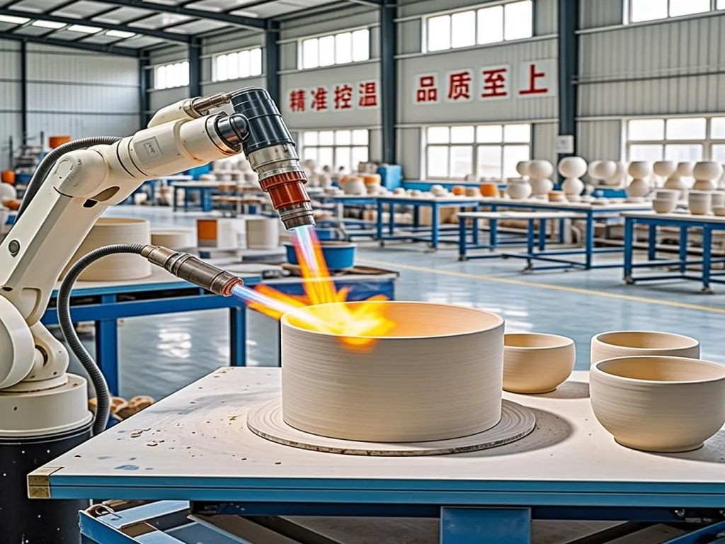 Robotic arm using flame igniter on ceramic ware in factory
