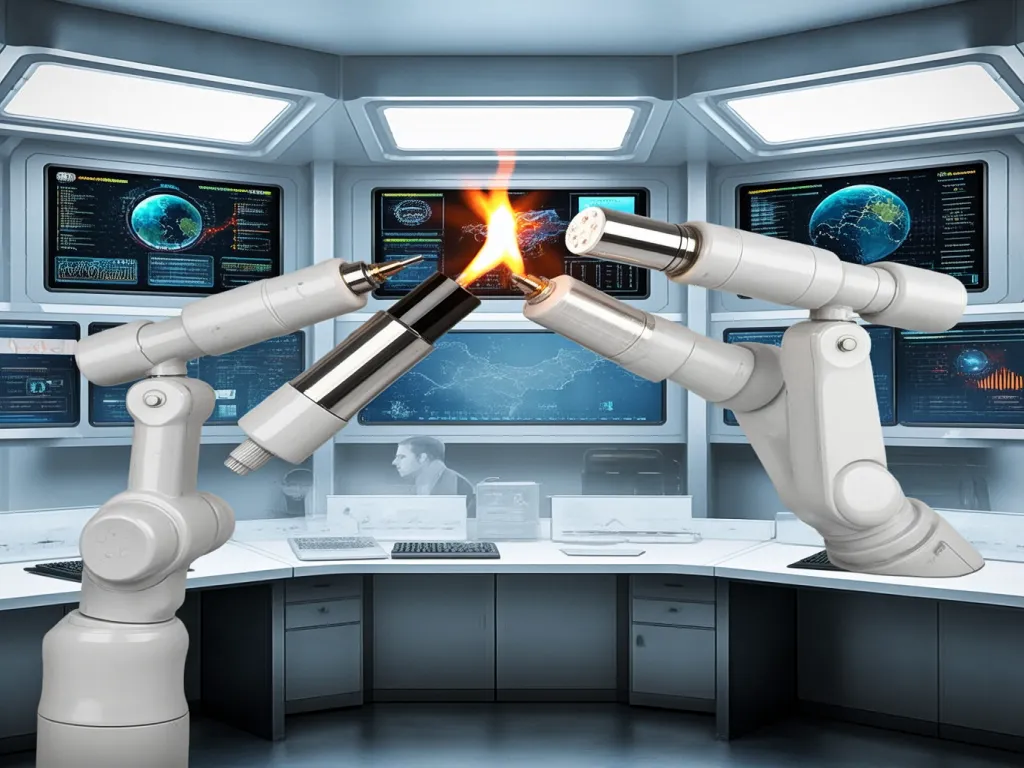 Robotic arms testing gas furnace igniters in an advanced facility.