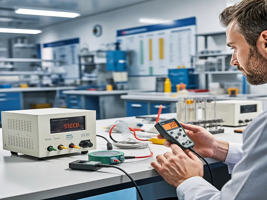 Technician testing furnace ignitor voltage in laboratory setting.