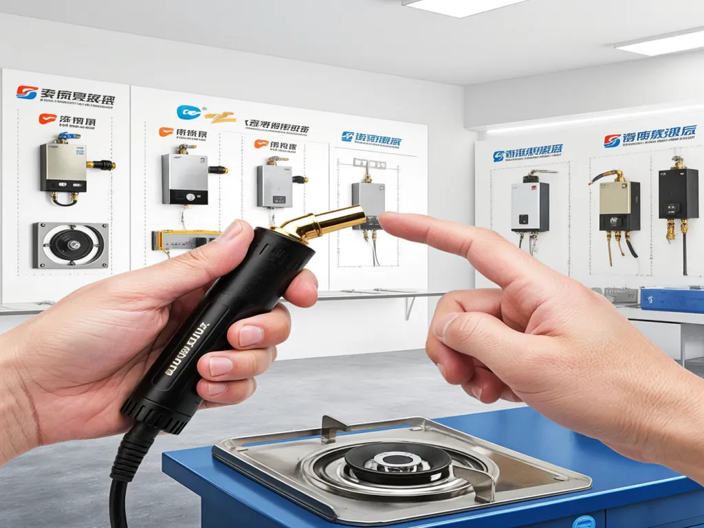 Hands installing a gas furnace ignitor under a stove.