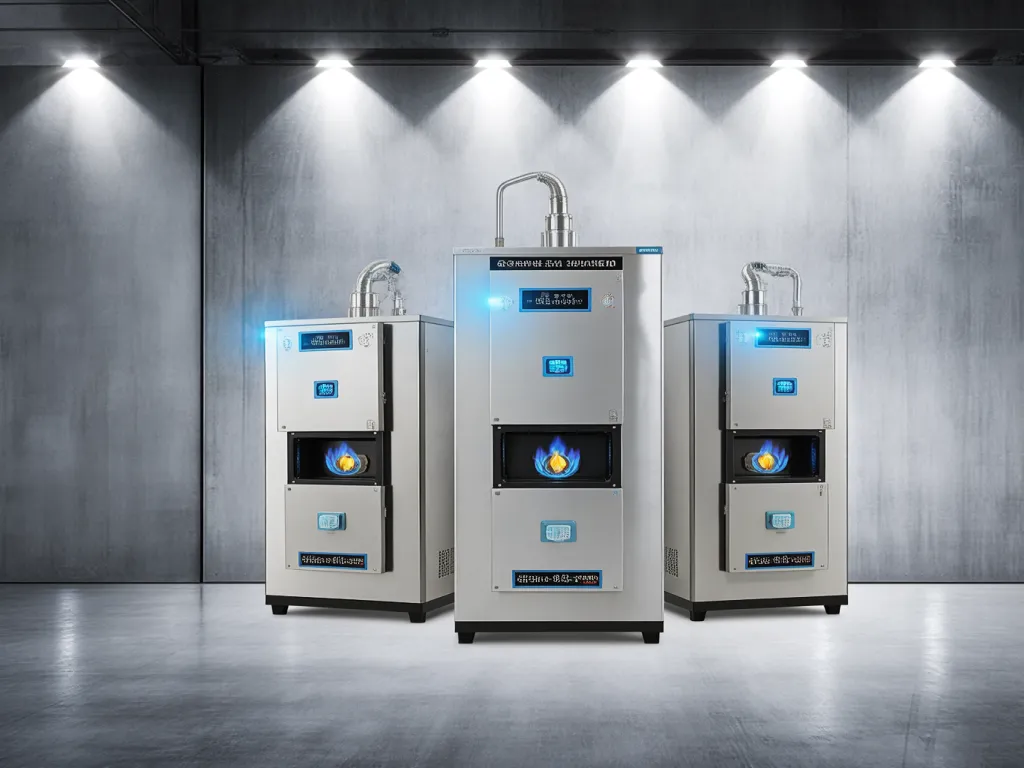 Three gas furnace ignitors with blue flames displayed in a row.