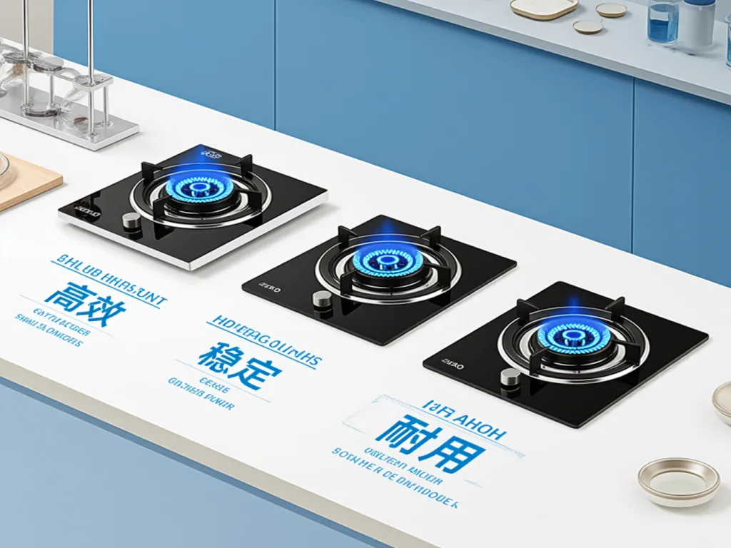 Gas stove burners with blue flames on a white countertop.