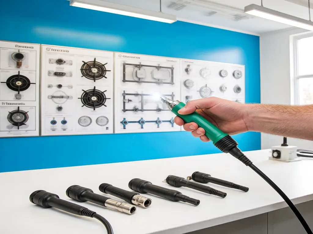 Hand holding a green ignitor testing device above several ignitors.