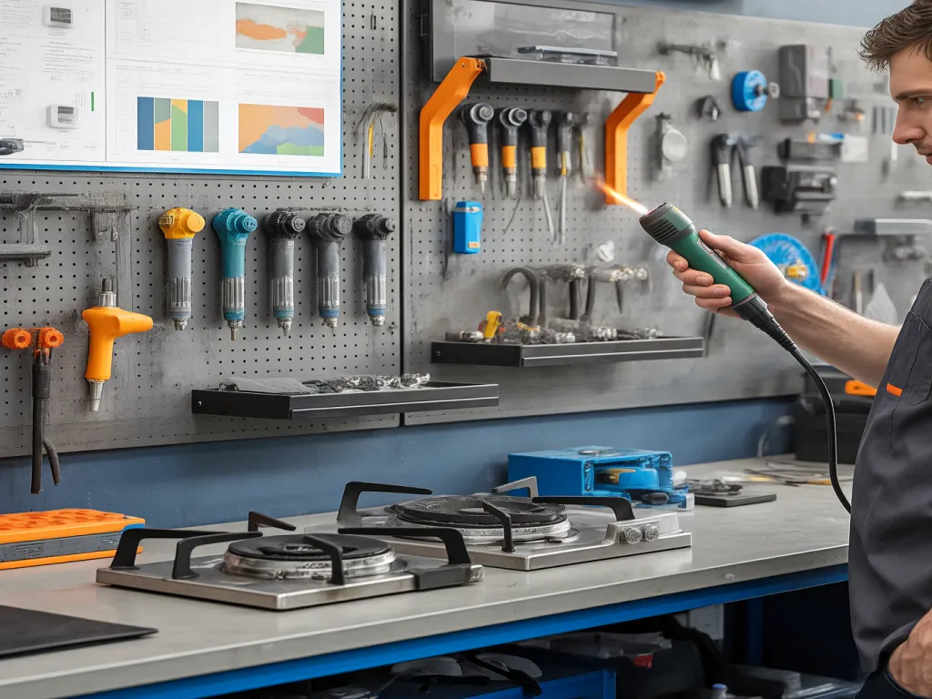 A technician uses a furnace ignitor in a workshop setting.
