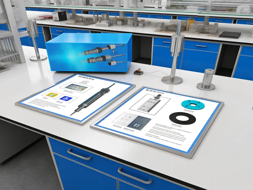 Technical display of furnace ignitors with detailed diagrams in a lab.