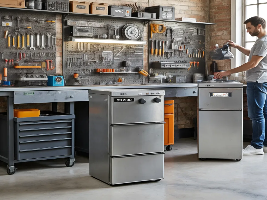 Industrial workshop with furnace ignitors and tools on workbenches.